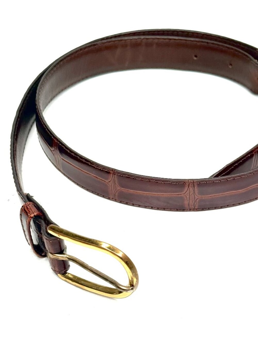 Firenze Classic Italian Alligator Calfskin Brass Buckle Belt 32 Brown Minimalist